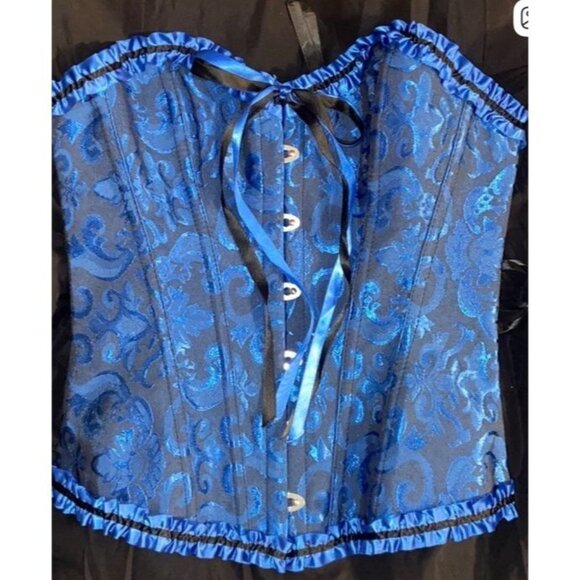 Blue Lace Corset Bustier Top with Black Satin Ribbon Trim Size XL - Picture 3 of 4